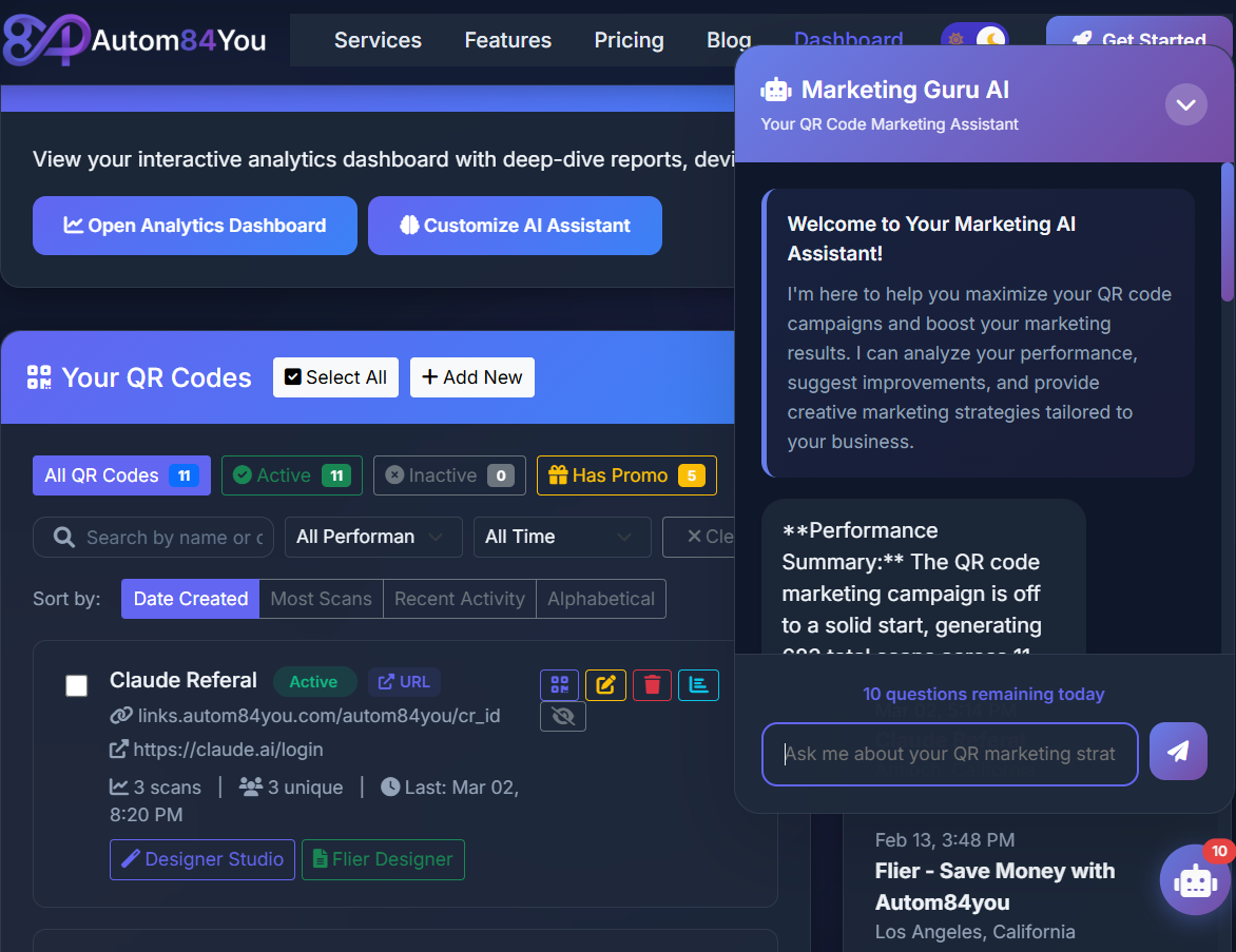 AI Marketing Suite - QR Code Dashboard with AI Assistant